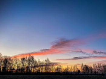 Silhouette trees on landscape against sky during sunset