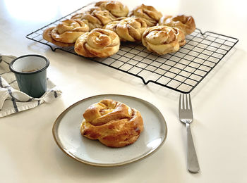 High angle view of breakfast served on table