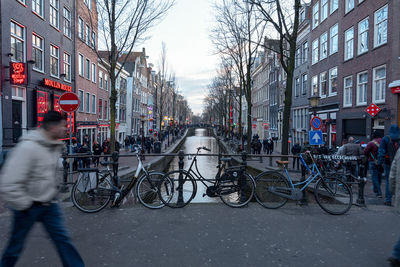 Bicycle parked on bare tree against sky in city