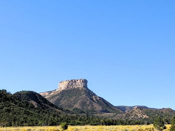 Scenic view of mountains against clear blue sky