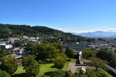 Scenic view of townscape against clear blue sky