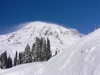 Scenic view of snow covered mountains against blue sky