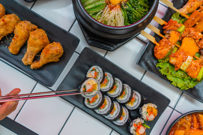 High angle view of sushi in plate on table