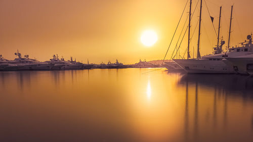 Sailboats in marina at sunset