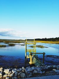 Scenic view of lake against clear blue sky