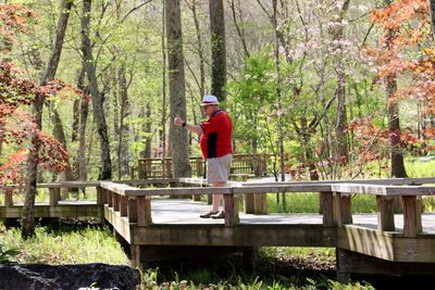 Mature man standing on footbridge at forest