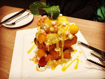 High angle view of food in plate on table