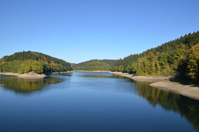 Scenic view of lake against clear blue sky