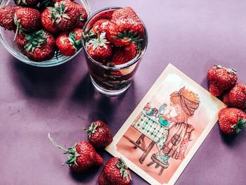 High angle view of strawberries on table