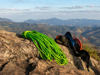 Scenic view of rocks on mountain against sky