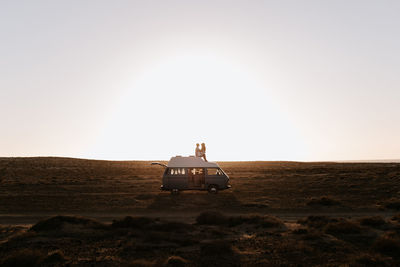 Side view of loving couple of travelers sitting on roof of van and tenderly kissing on background of sundown in savanna