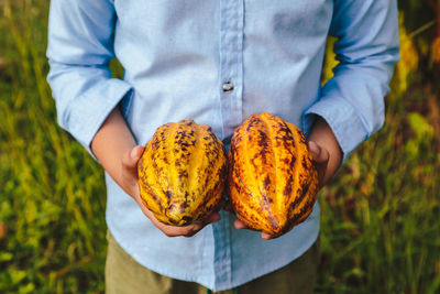 Midsection of man holding cacao fruits