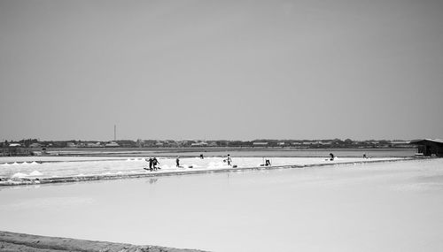 People on beach against clear sky