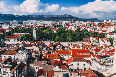 High angle shot of townscape against sky