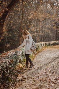 Rear view of person walking in forest