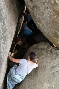 High angle view of woman on rock
