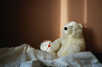 View of stuffed toy on bed