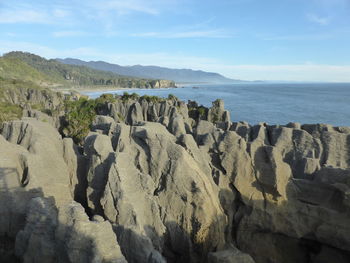 Panoramic view of rocks on beach against sky