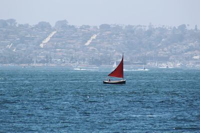 Sailboat sailing on sea against sky
