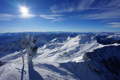 Scenic view of snowcapped mountains against blue sky