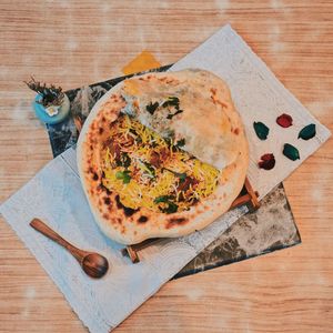 High angle view of pizza on table