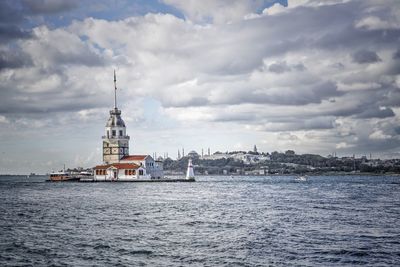 Houses in sea against cloudy sky