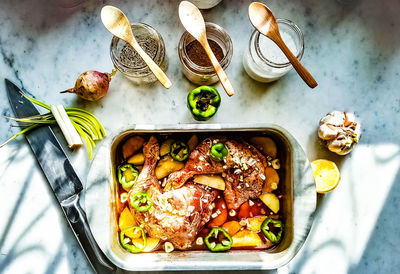 High angle view of food on table