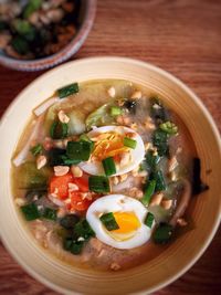 High angle view of soup in bowl on table