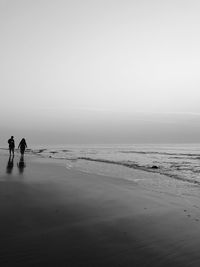 People standing on beach against clear sky