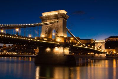 Illuminated szechenyi chain bridge over river at night