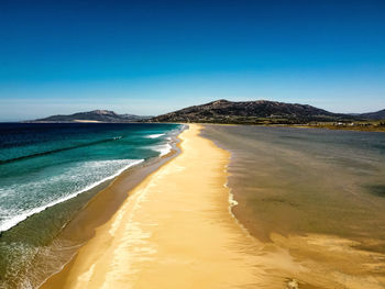 Scenic view of beach against clear blue sky