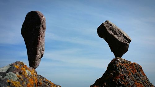 Low angle view of rocks against cloudy sky