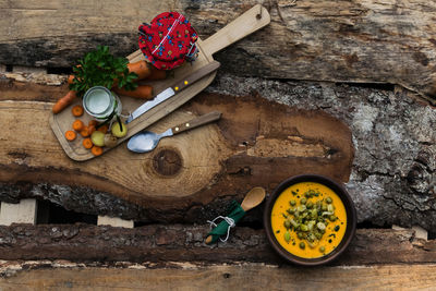 High angle view of food on textured table