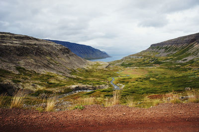 Scenic view of cliffs of iceland against mountains north atlantic ocean red ground landscape nature 