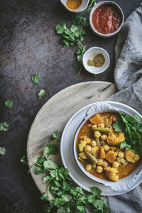 High angle view of vegetables in bowl on table