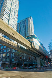 Low angle view of modern building against clear blue sky