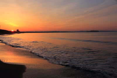 Scenic view of sea against romantic sky at sunset