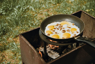 High angle view of breakfast on table