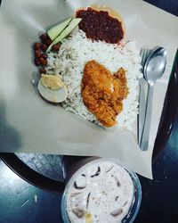 High angle view of breakfast served on table