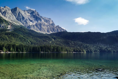 Scenic view of lake and mountains against sky