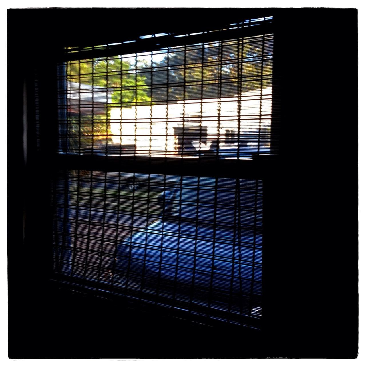 indoors, window, transfer print, architecture, glass - material, built structure, auto post production filter, transparent, pattern, geometric shape, low angle view, no people, metal grate, home interior, day, glass, house, dark, building, design