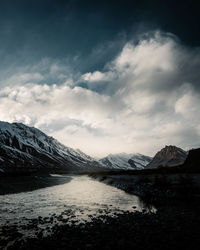 Scenic view of snowcapped mountains against sky during winter