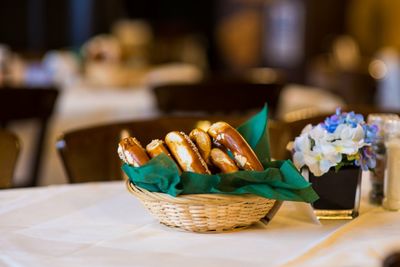 Food in basket on table