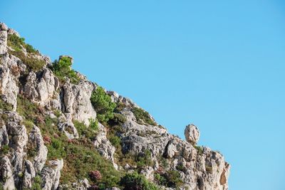 Low angle view of rock formation against clear blue sky