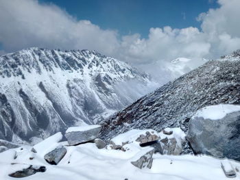 Scenic view of snowcapped mountains against sky