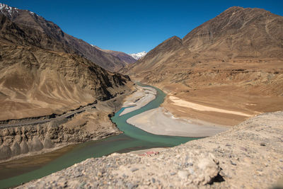 Scenic view of snowcapped mountains against clear blue sky