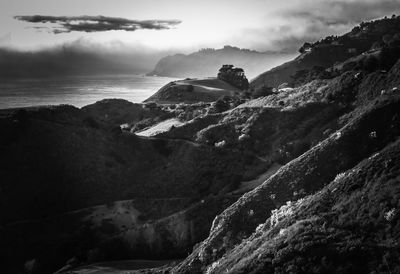 Scenic view of sea and mountains against sky