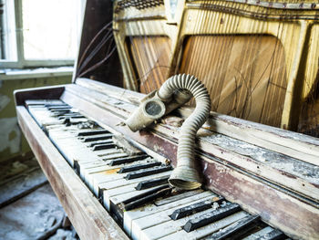 Close-up of an abandoned piano