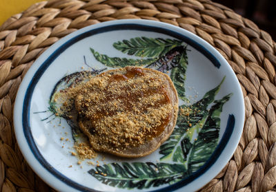 High angle view of breakfast in plate on table