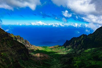 Scenic view of mountains against cloudy sky